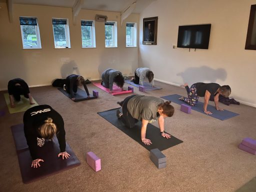 Yoga classes A group of Yoga class participants are spread out evenly on their mats in the Small Hall
